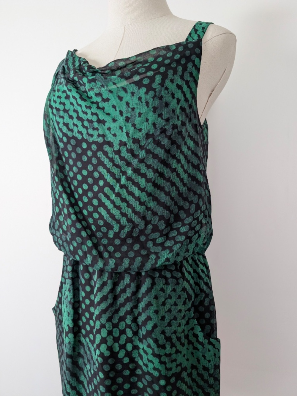 Theory Jaylyn Blurred Green Mini Dress Drop Waist Draped Size 2 - Picture 4 of 13